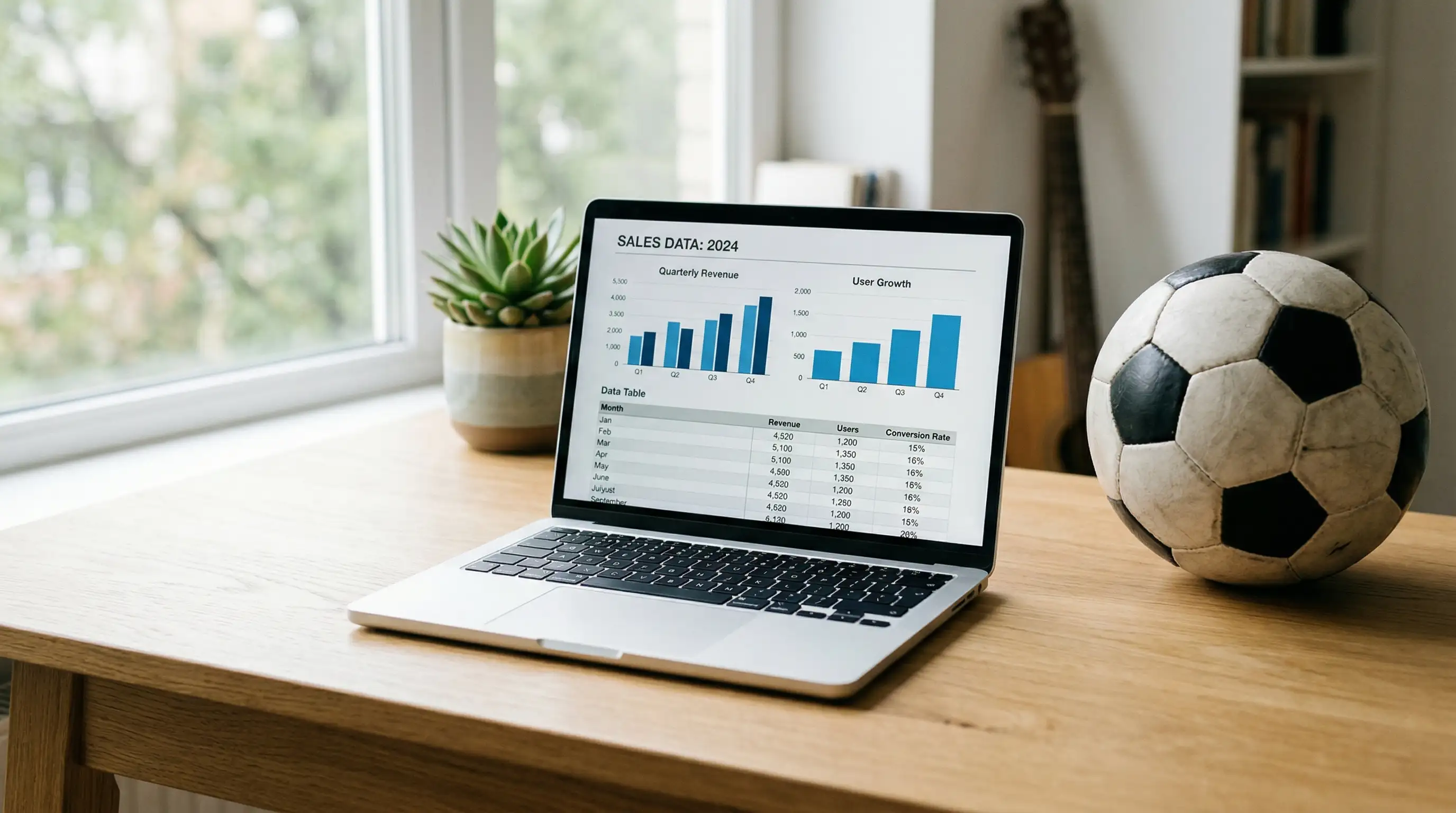 Pantalla de ordenador portátil con gráficos numéricos junto a un balón de fútbol sobre un escritorio